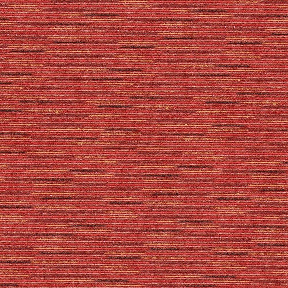 Close-up of red viscose-blend upholstery fabric with fine horizontal slub stripes in orange and deep-red tones, showing a textured contemporary weave suitable for sofas.