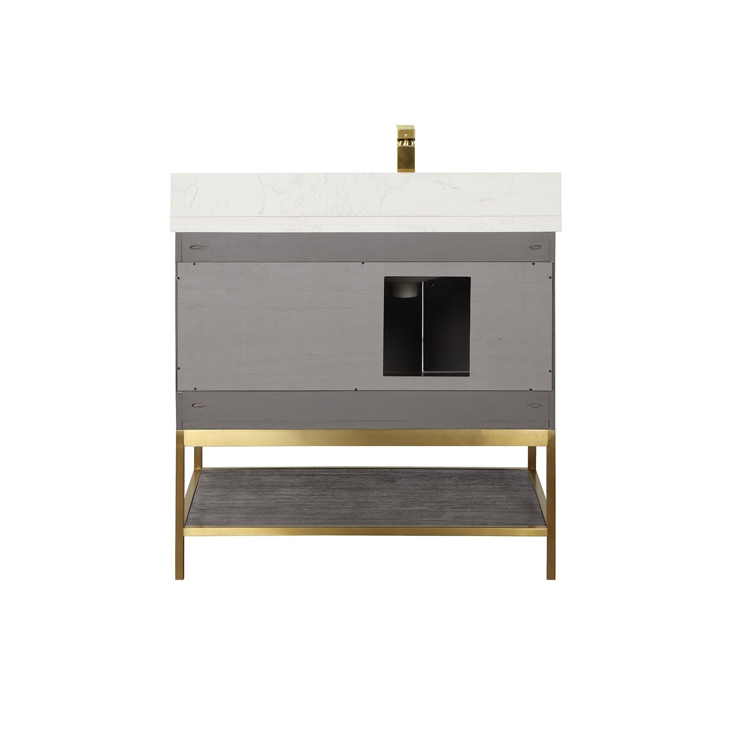 Front view of a 36-inch modern single-sink vanity with a white stone countertop and brass faucet, gray solid-wood cabinet with central plumbing cutout, and an open dark-wood lower shelf on a brass metal base.