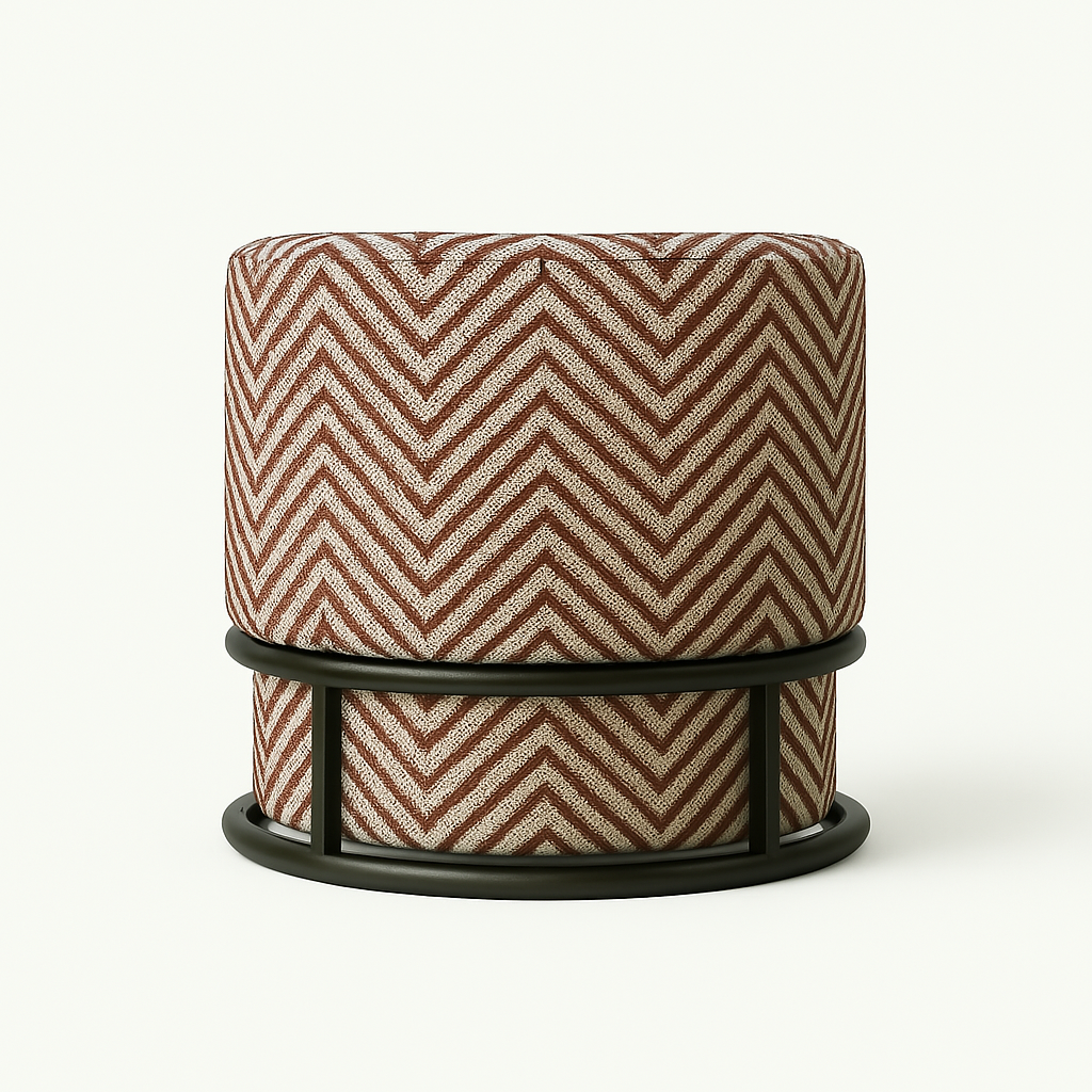 Modern round swivel accent chair upholstered in brown-and-beige chevron performance fabric, set on a black metal circular base.