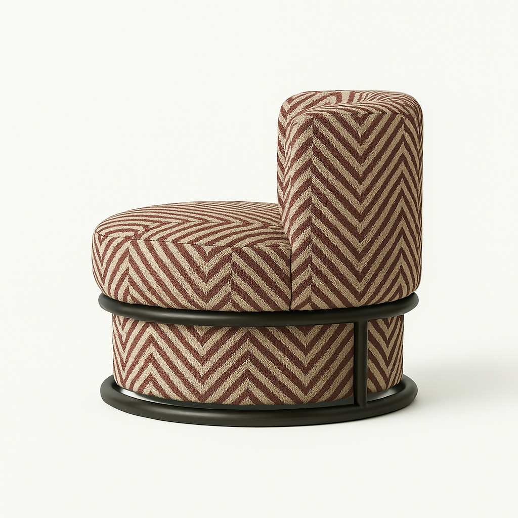 Swivel accent chair upholstered in beige and brown chevron performance fabric, featuring a low rounded back and a black metal circular base.