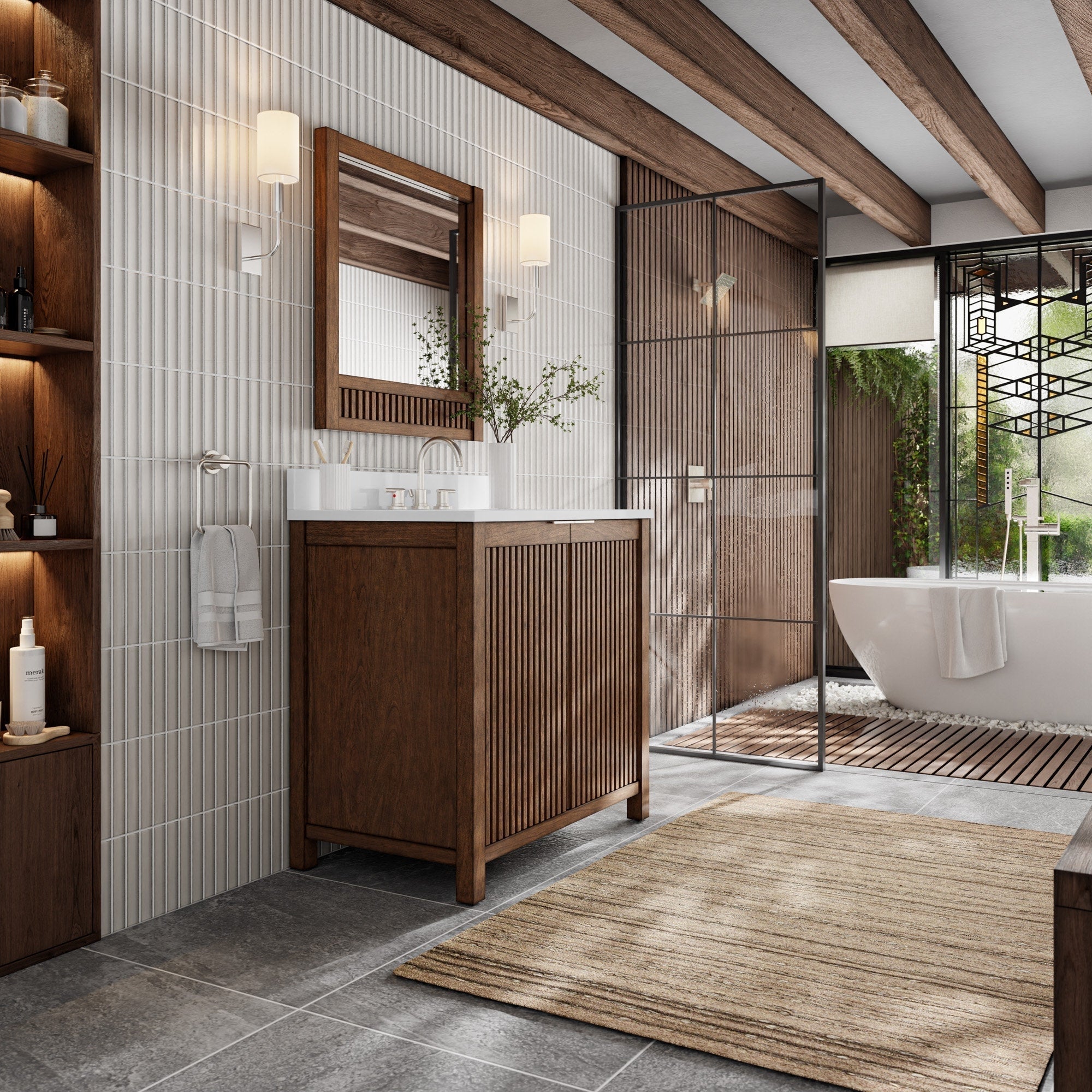 Modern fluted solid wood 36-inch bathroom vanity with stone countertop and integrated single sink, wood-framed mirror and wall sconces, shown beside a glass shower and freestanding tub in a contemporary bath.