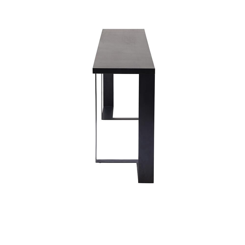 Side view of a modern mahogany-topped console table with a matte black steel frame and open rectangular leg supports, photographed against a white background.