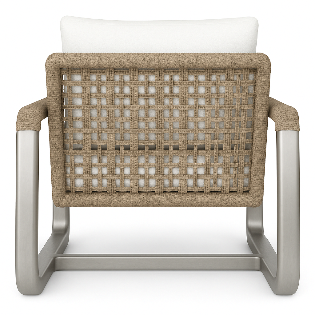 Rear view of an outdoor accent chair with a beige woven rope back, white cushioned pillow, and a brushed aluminum sled-style base and arms.