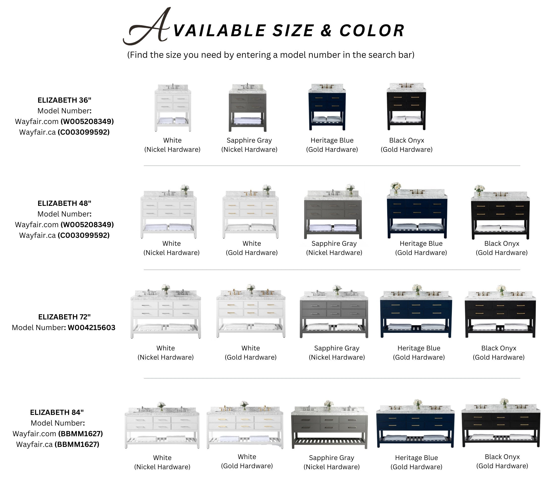 Catalog grid showing Elizabeth bathroom vanities in 36 in, 48 in, 72 in and 84 in widths; solid wood bases in white, sapphire gray, heritage blue and black onyx with marble stone tops and nickel or gold hardware.