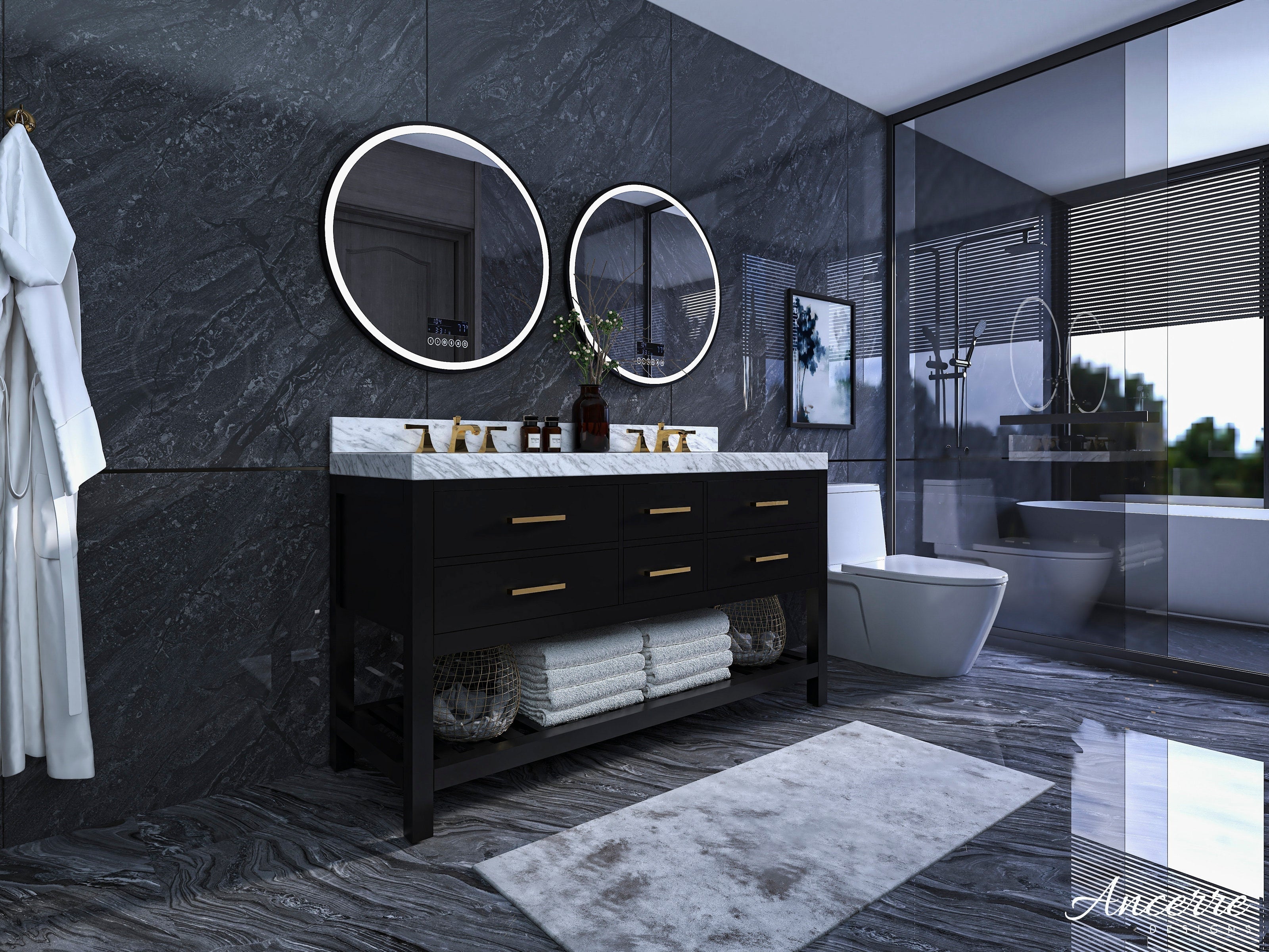 Modern 60-inch solid wood double-sink vanity in black with a stone marble top, brass faucets and two round LED mirrors over ceramic sinks, freestanding with open shelf towel storage in a dark stone-finished bathroom.