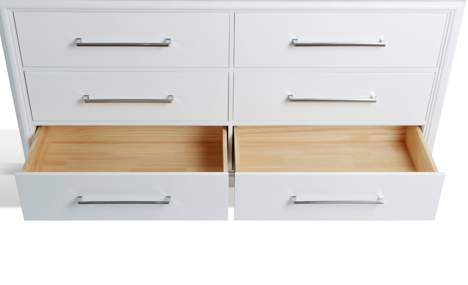 Close-up of a modern stone-colored double-sink vanity front with chrome bar handles and two lower drawers open to reveal natural solid wood interiors.