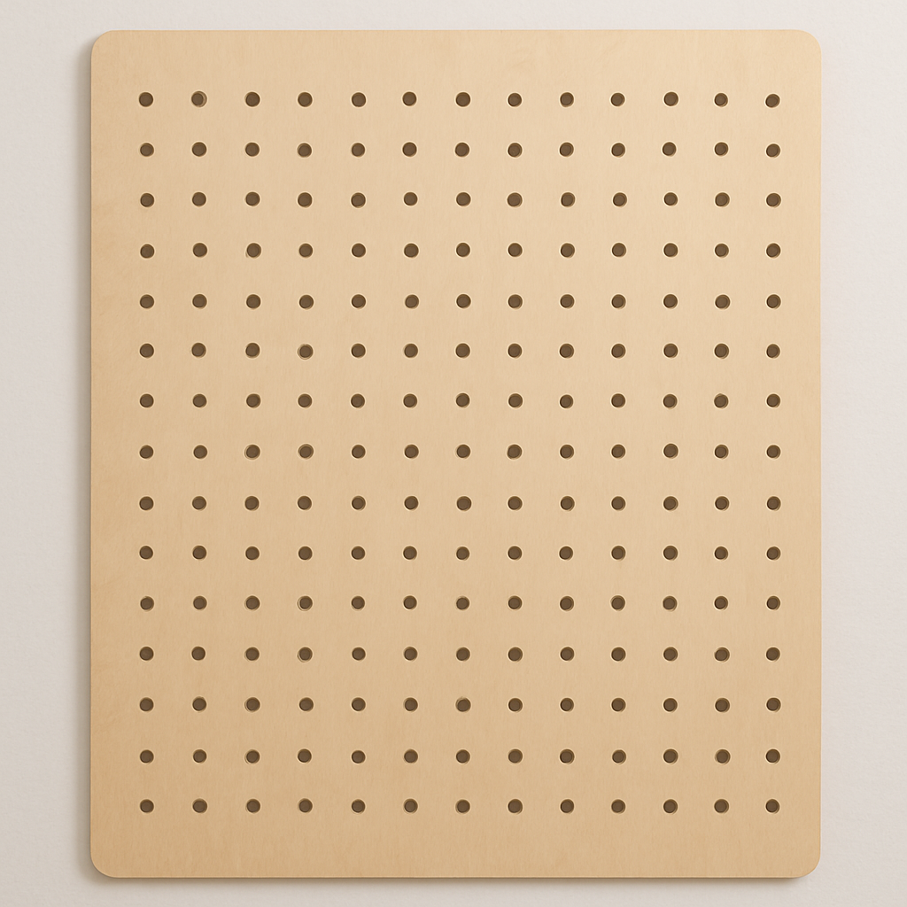 Rectangular teak panel with rounded corners featuring a precise grid of evenly spaced circular perforations in a natural wood finish, shown as a modern headboard or decorative bed panel detail.