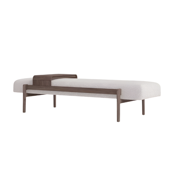 Minimal modern end-of-bed bench with off-white boucle fabric upholstery, solid warm-brown wood frame and slender legs, featuring an integrated wooden tray at one end for bedside storage.