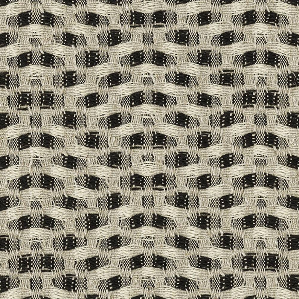 Close-up of a textured woven upholstery fabric showing a cream and black wave-like checker pattern, made from a linen, rayon and polyester blend for sofa and contract use.