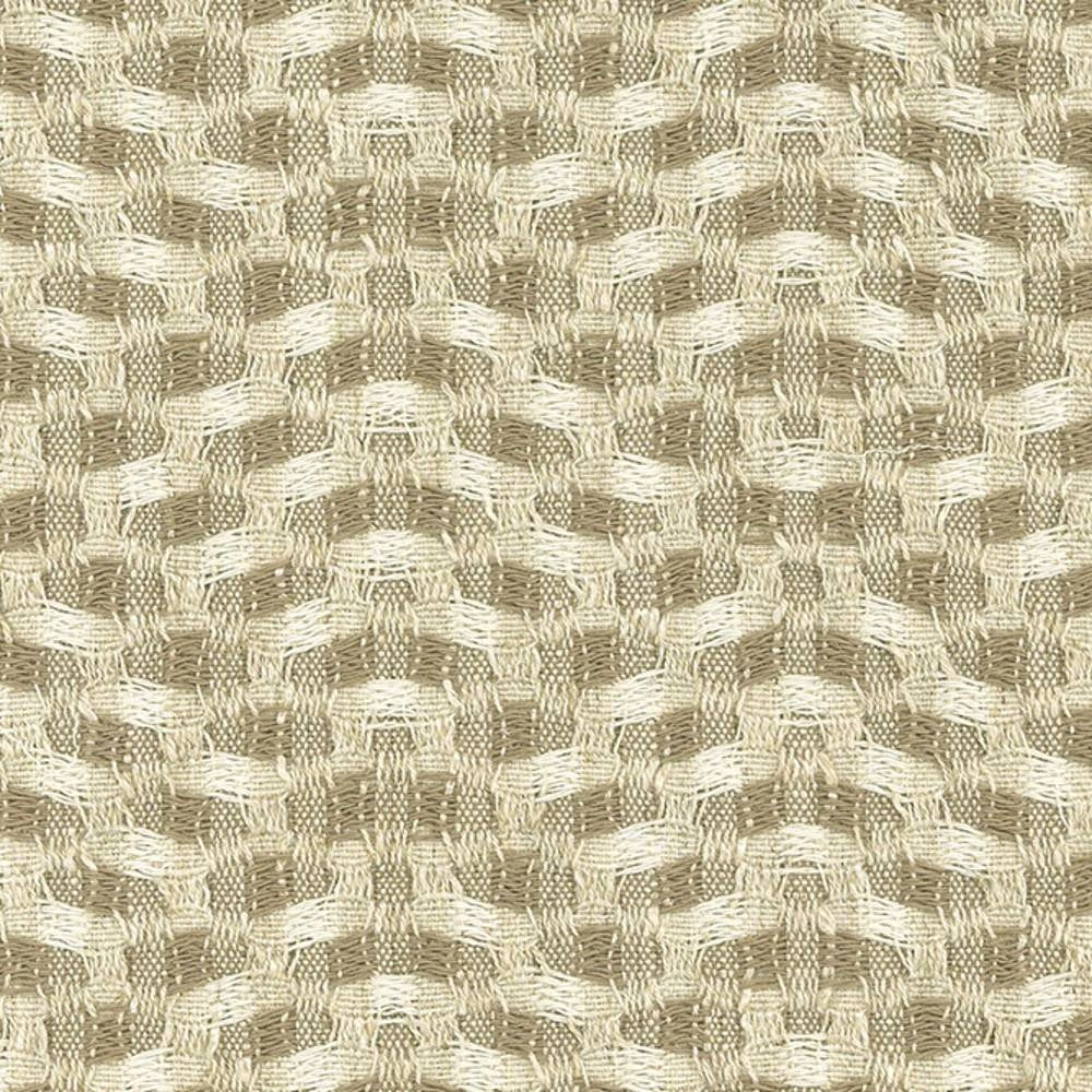Close-up of textured woven upholstery fabric in beige and cream, showing a basketweave pattern with visible linen-rayon-polyester yarns and a slightly slubbed, natural texture.