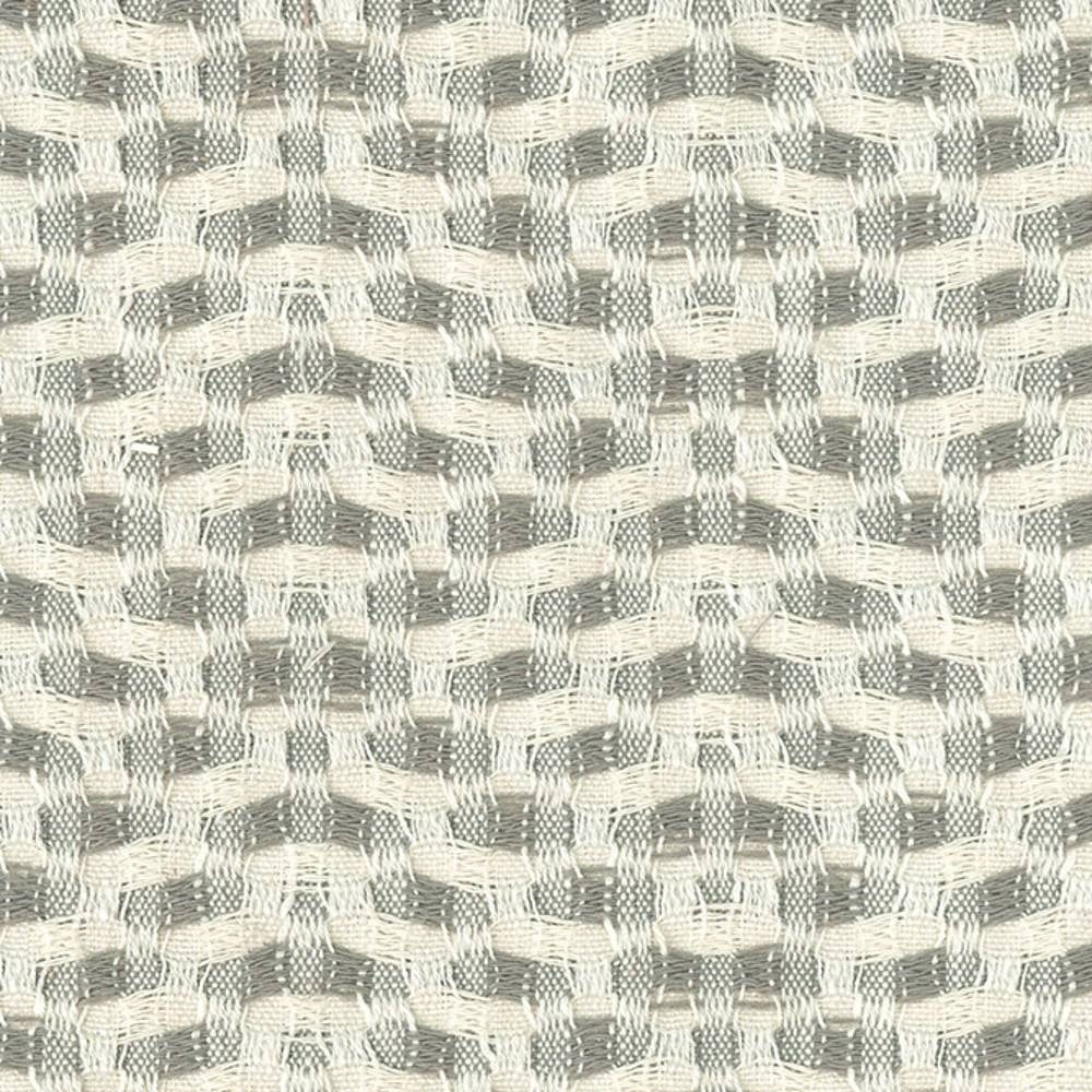 Close-up of textured woven upholstery fabric in neutral light gray and off-white, showing a subtle wave-like basketweave pattern in a 10.5% linen, 24.5% rayon and 65% polyester blend suitable for sofas.