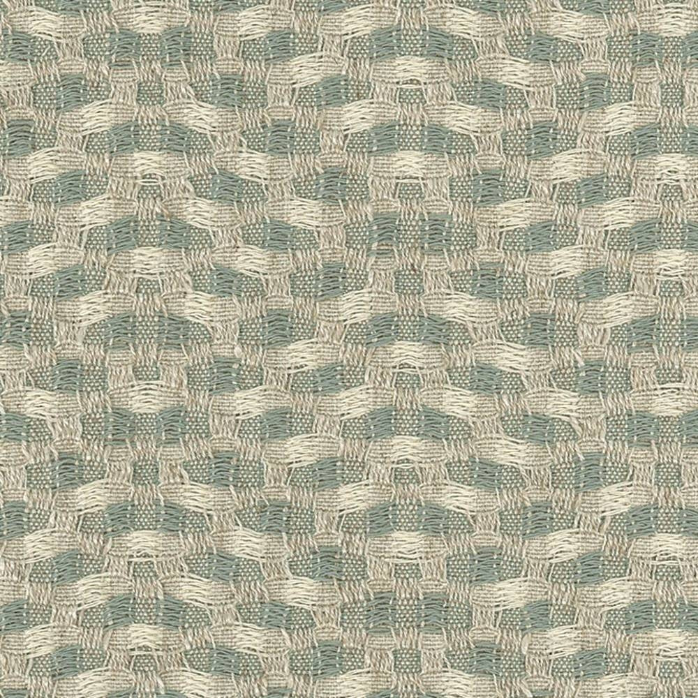Close-up of textured woven linen-blend upholstery fabric in soft gray-beige and muted seafoam, showing a raised basketweave pattern with visible yarns for a durable, contract-grade look.
