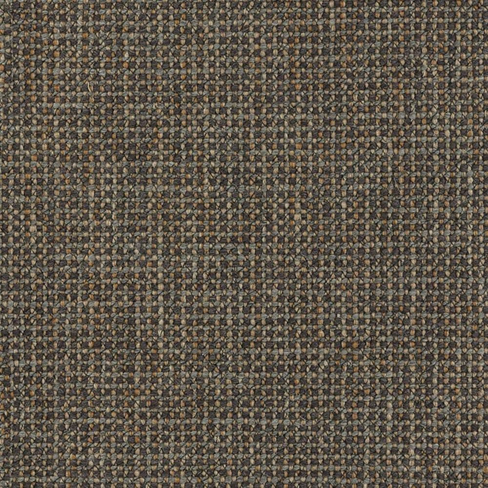 Close-up of neutral brown boucle upholstery fabric with tight woven texture and beige and cream flecks; 10% wool, 5% linen, 40% acrylic and 45% polyester blend for modern sofas.