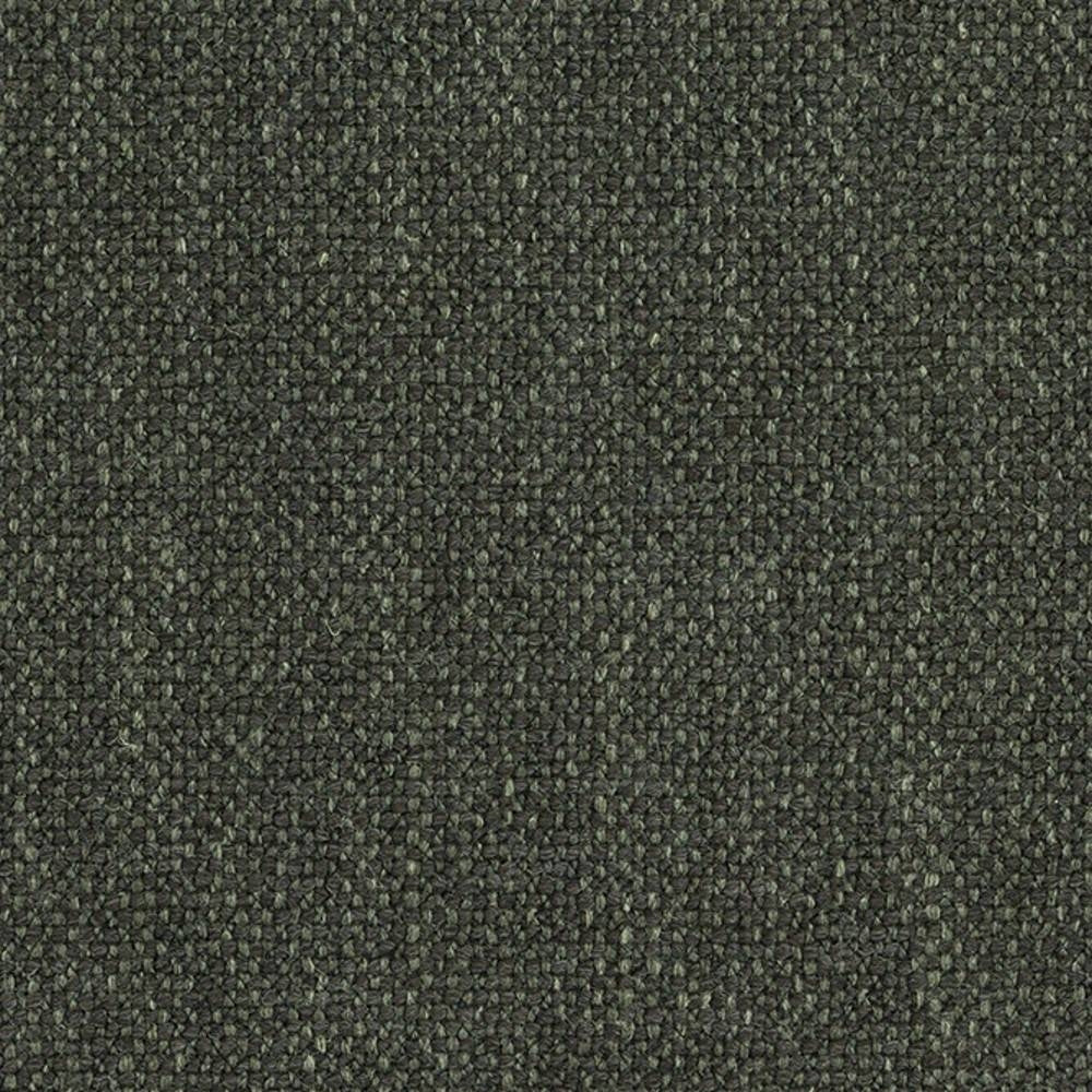 Close-up of dark olive-green woven upholstery fabric with a tight textured weave and subtle two-tone flecks, suitable for contemporary sofas; composition 10% wool, 5% linen, 35% acrylic, 50% polyester.