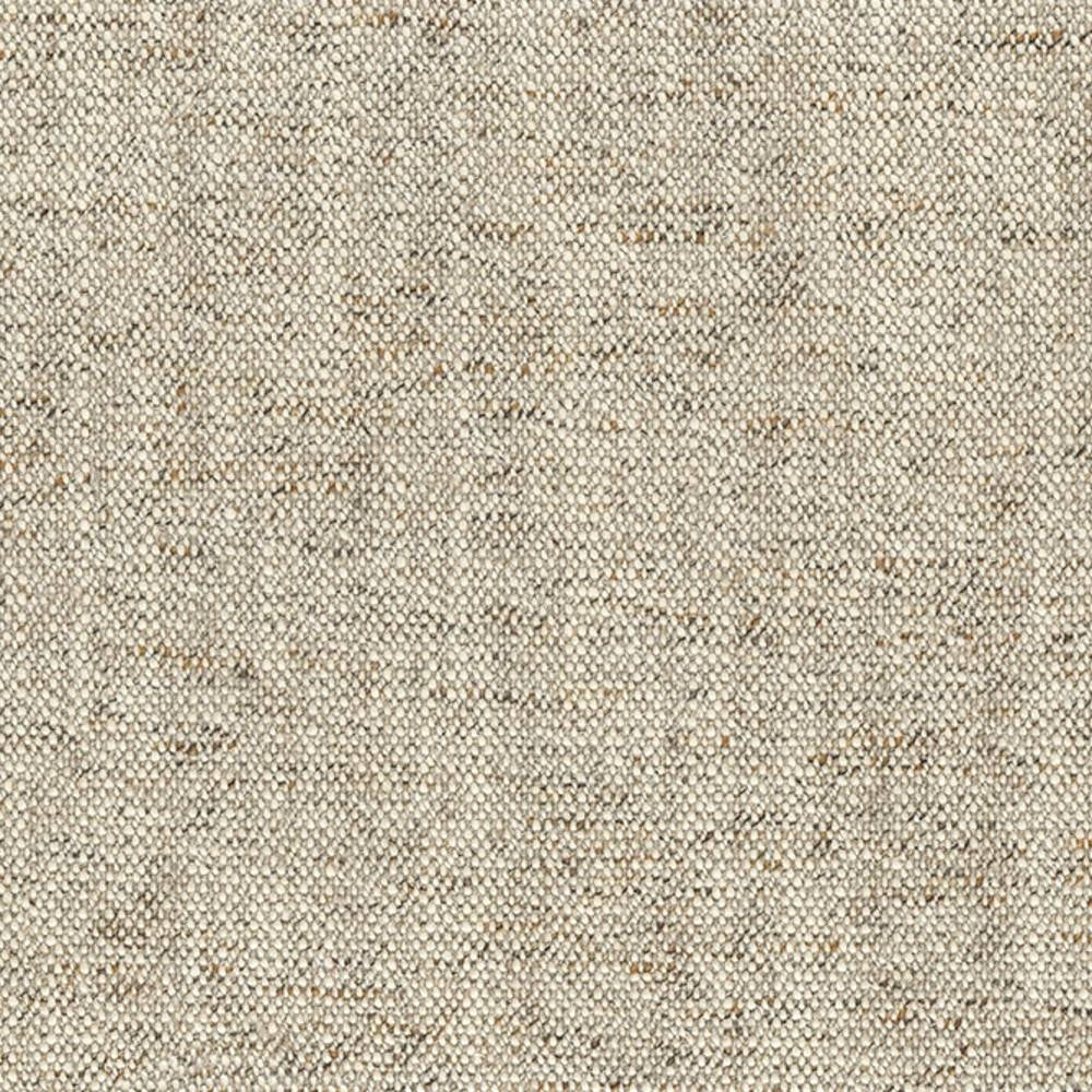 Close-up of beige woven upholstery fabric with subtle tan flecks, showing a tight plain weave and visible yarn texture; 5% linen, 10% rayon, 35% acrylic and 50% polyester blend for sofa upholstery.