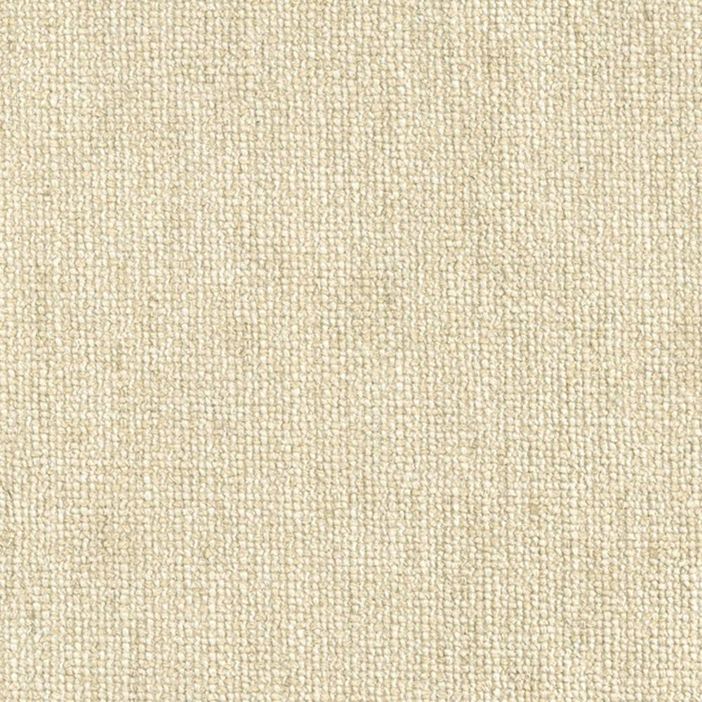 Close-up of a neutral beige/cream woven upholstery fabric swatch with a tight looped texture, shown for contemporary sofas; fabric blend includes cotton, rayon, acrylic, linen and triacetate.