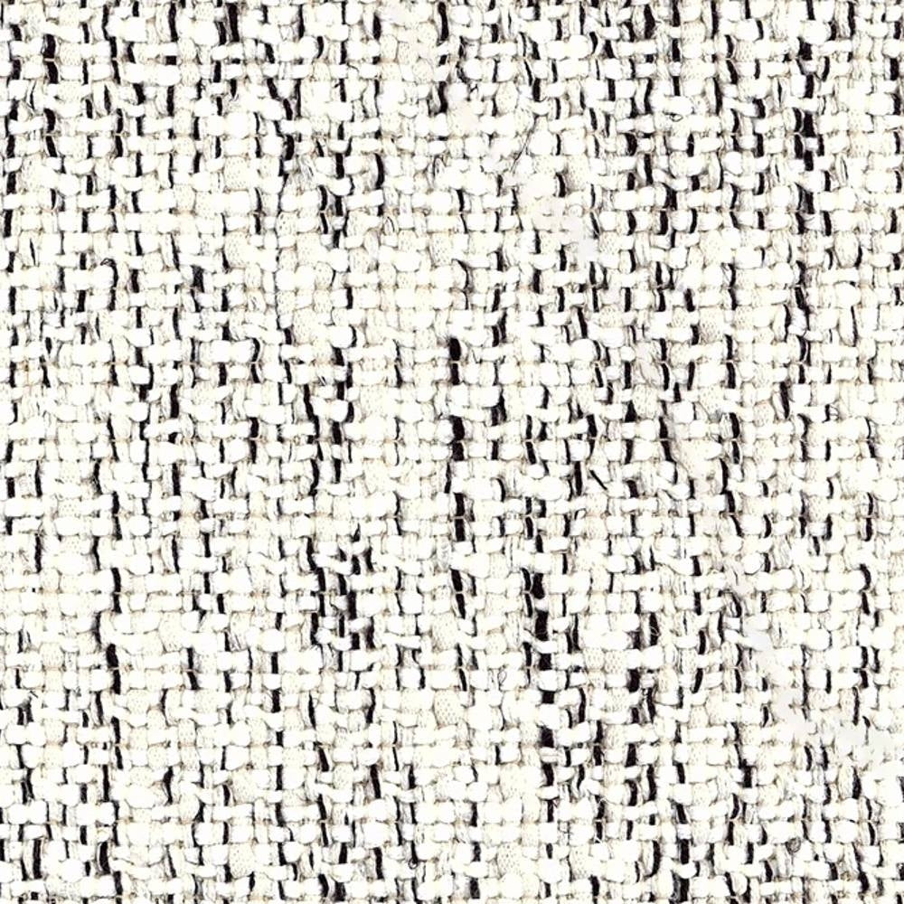 Close-up of cream-beige woven upholstery fabric showing a chunky looped texture with subtle dark slubs; 14.8% linen, 34.5% rayon, 28.6% cotton and 22.1% polyester blend for sofa use.