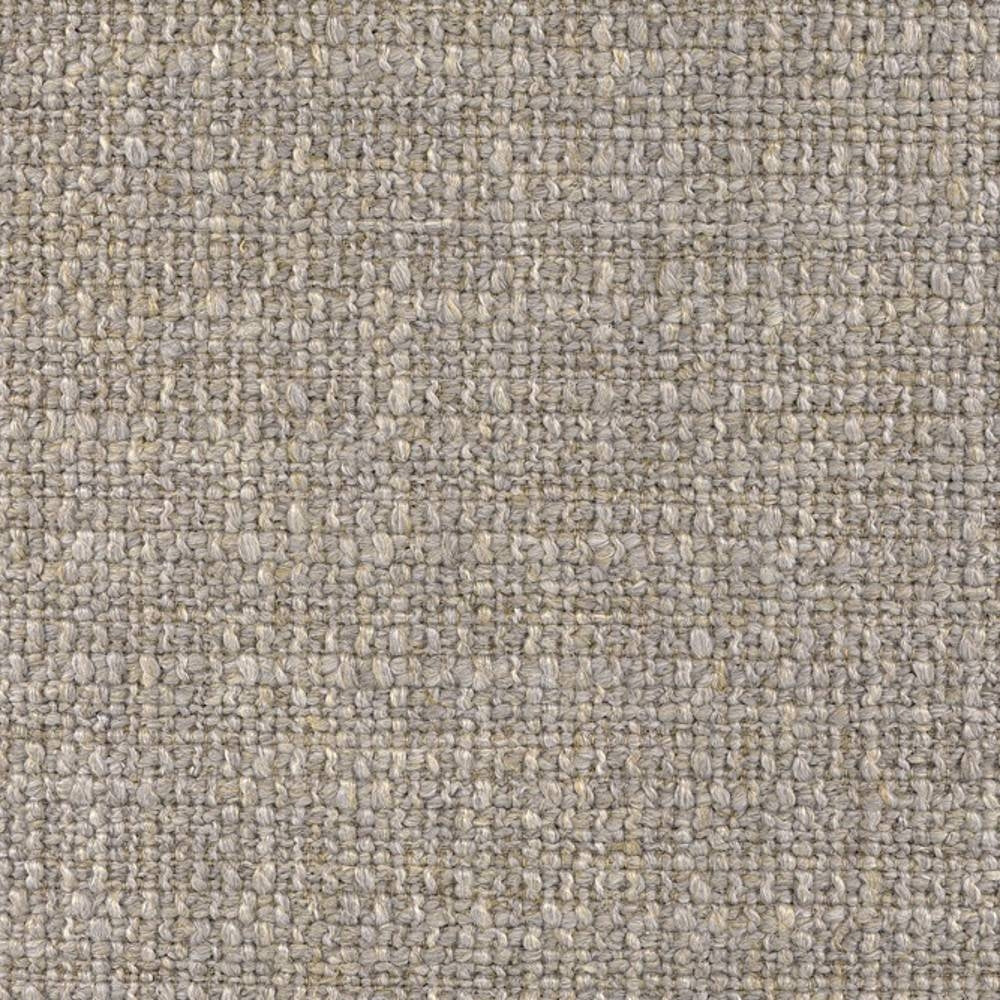 Close-up of beige cream woven upholstery fabric with a textured looped weave, a 14% linen, 16% rayon, 22% acrylic and 48% polyester blend for indoor sofa use.