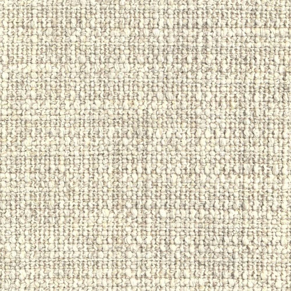 Close-up of cream-beige looped upholstery fabric for sofas, woven from a 14% linen, 16% rayon, 22% acrylic and 48% polyester blend, showing a textured looped weave with subtle neutral flecks.