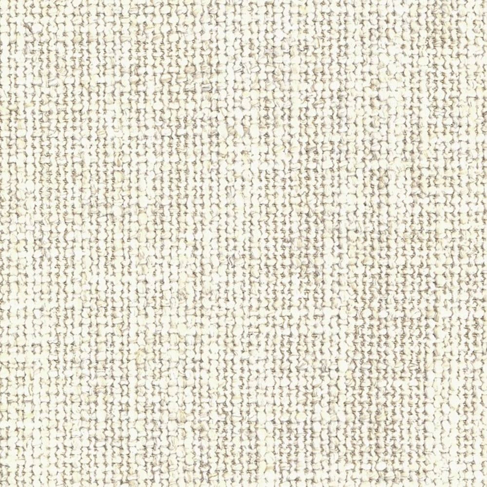 Close-up of light beige woven upholstery fabric showing a looped, textured weave with subtle darker flecks; 10% linen, 14% rayon, 25% acrylic and 51% polyester blend for heavy-duty indoor sofa use.