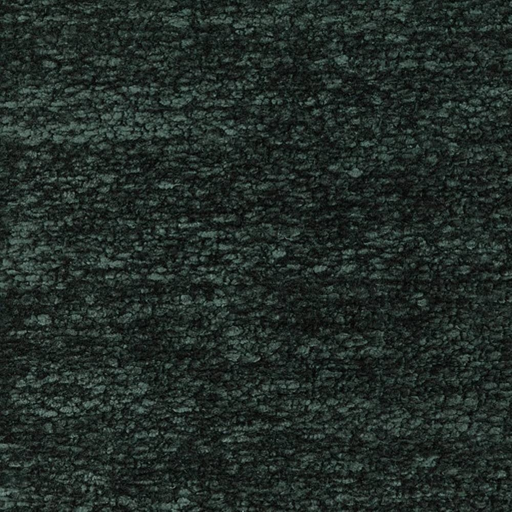 Close-up of dark green boucle upholstery fabric swatch in a 6% linen, 7% rayon, 87% polyester heavy-duty blend showing nubby, textured surface for indoor sofa upholstery.