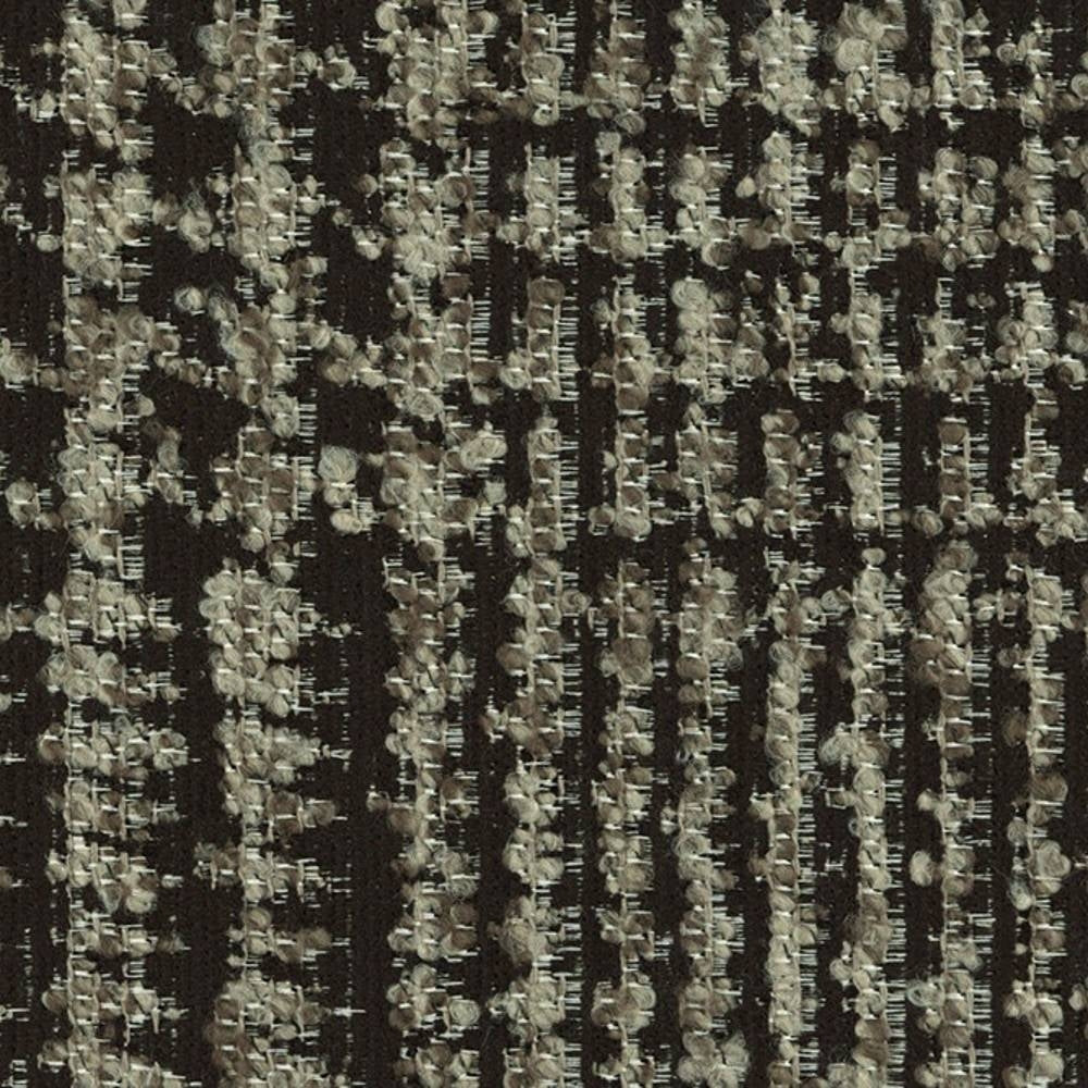 Close-up of a beige and gray textured upholstery fabric swatch showing looped yarns and irregular vertical stripes on a dark ground; 29% viscose, 11% acrylic, 60% polyester, ideal for contemporary sofas.