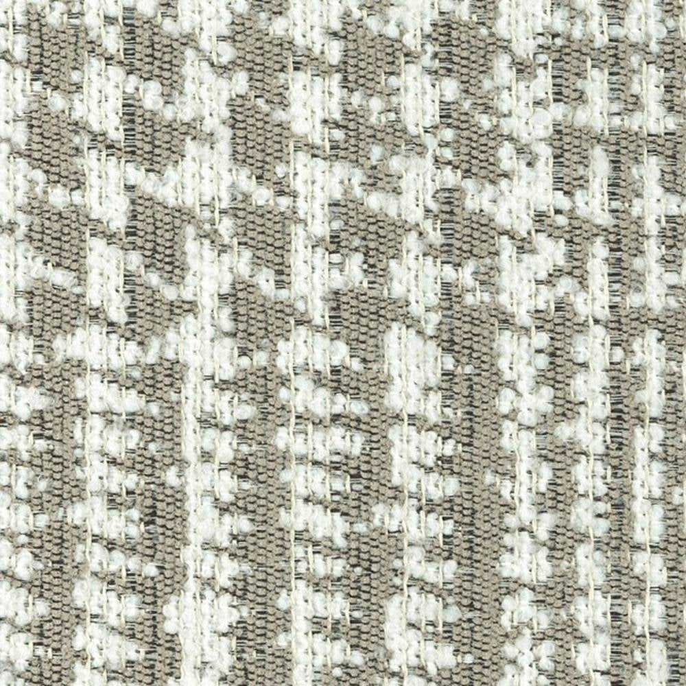 Close-up of beige and gray contemporary upholstery fabric showing a woven taupe background with white boucle-like textured flecks forming a subtle vertical stripe pattern; 29% viscose, 11% acrylic, 60% polyester.