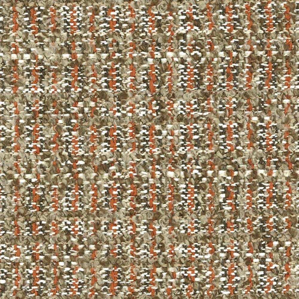 Close-up of boucle upholstery fabric showing a neutral beige-brown base with orange accent threads and white flecks in a looped textured weave; fabric made of polyester, acrylic and viscose for contemporary sofas.