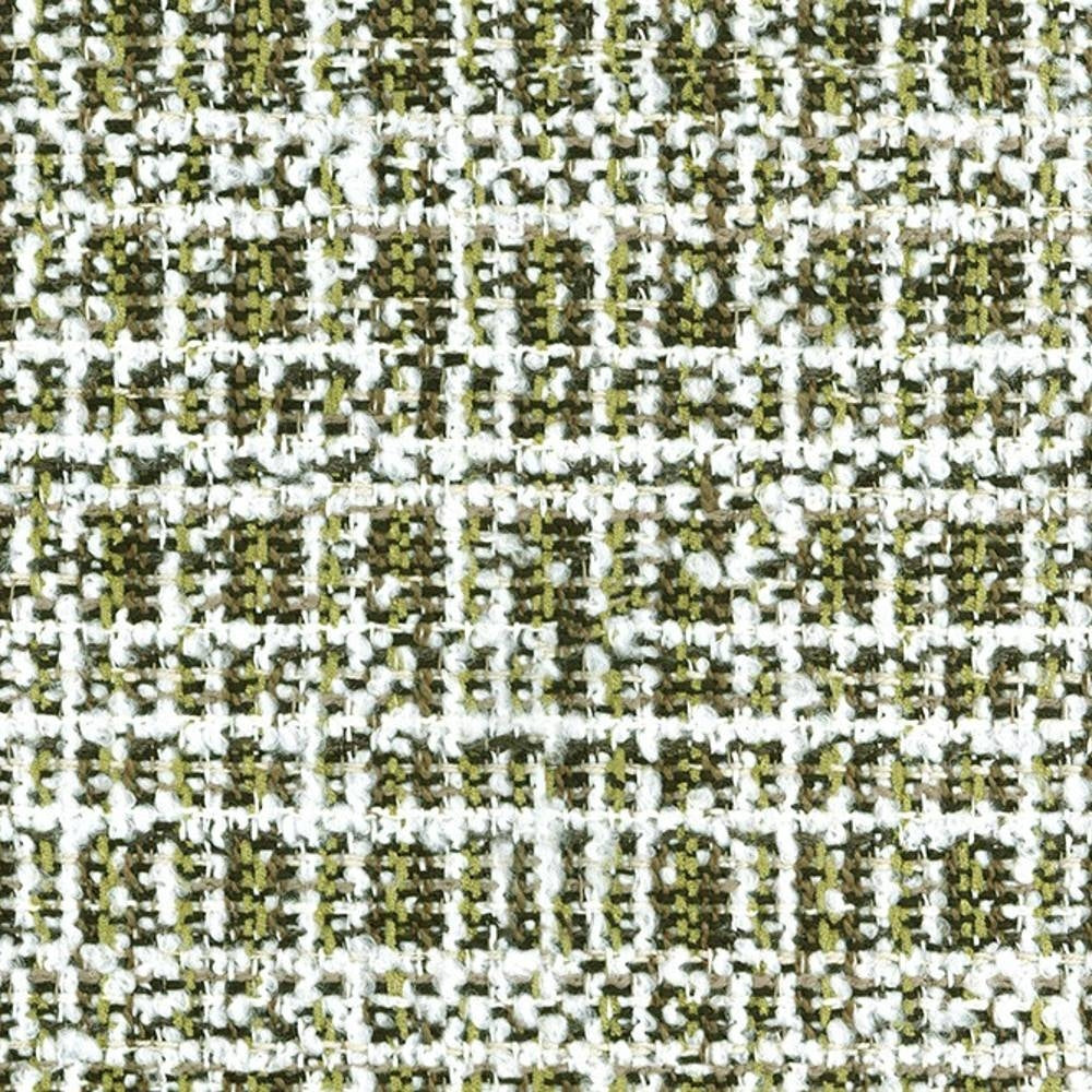 Close-up of olive-green and white boucle upholstery fabric in a 14% acrylic, 12% viscose, 74% polyester blend, showing textured looped yarns and a subtle grid-like weave suited for contemporary sofas.