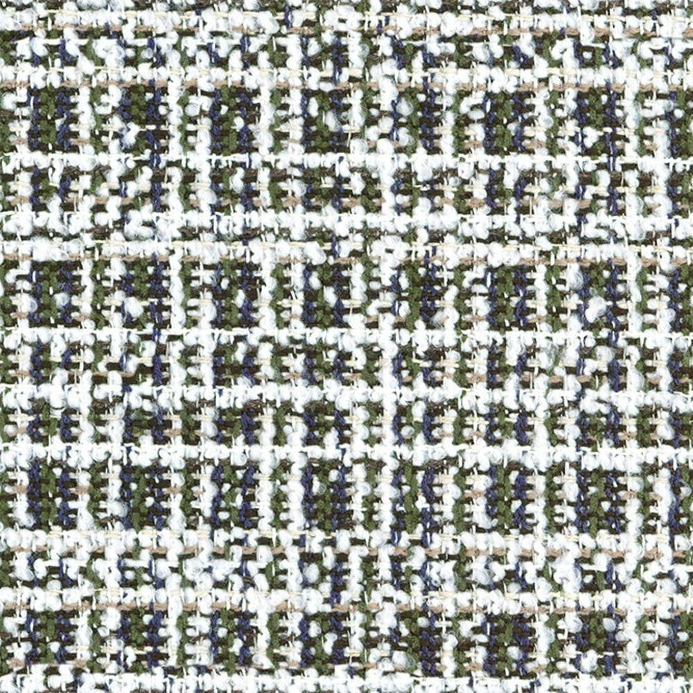 Close-up of boucle upholstery fabric with a white ground and woven olive, navy and tan flecks creating a small checked texture; 14% acrylic, 12% viscose, 74% polyester, for contemporary sofa use.