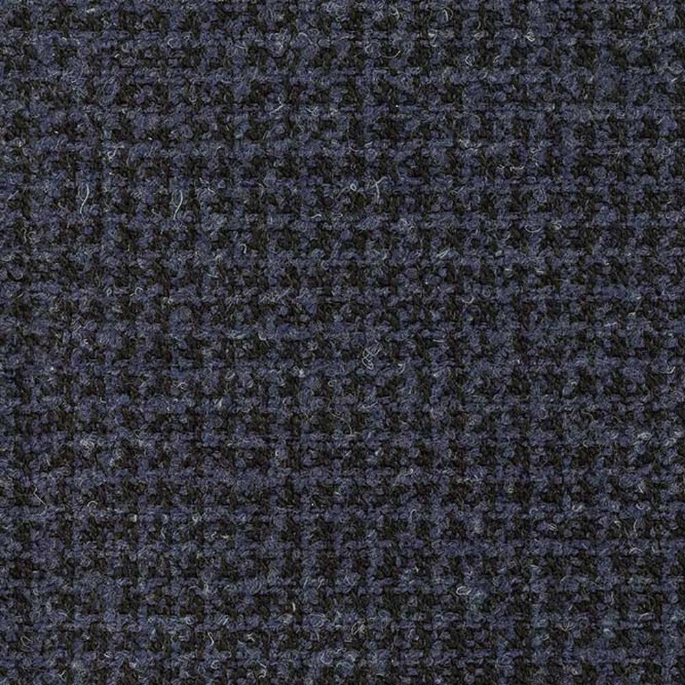 Close-up of dark navy and charcoal tweed upholstery fabric showing a small woven check texture and soft wool-blend pile (10% wool, 45% acrylic, 5% linen, 40% polyester) for sofa use.