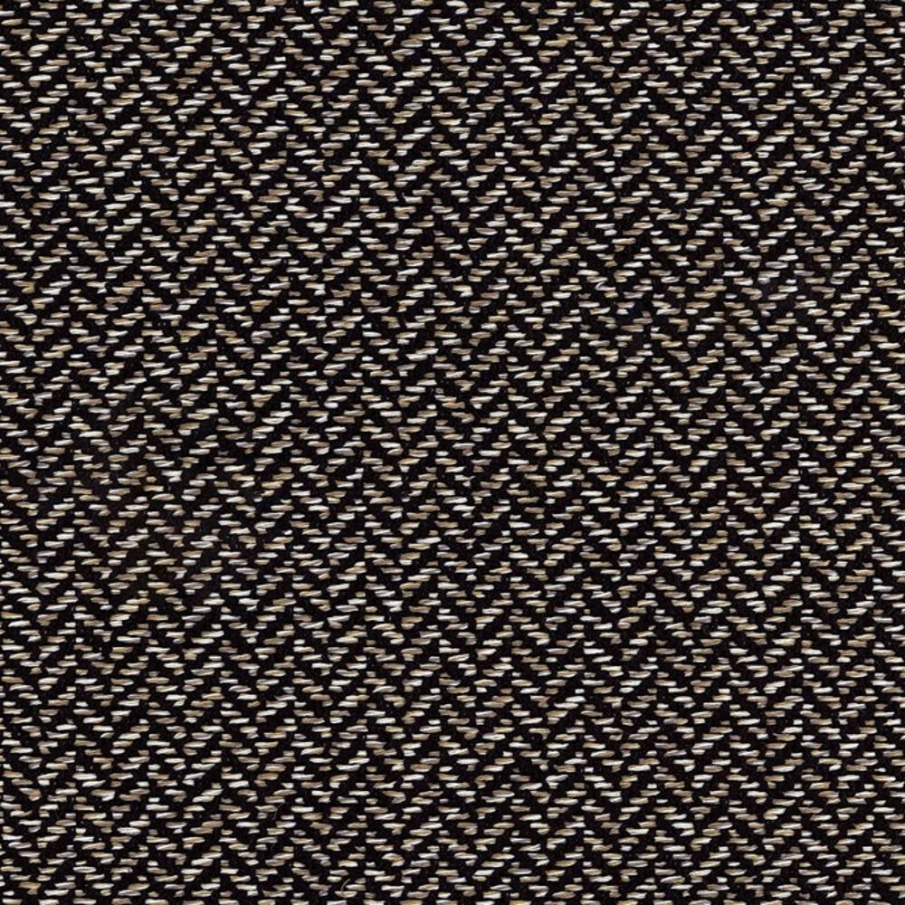 Close-up of woven beige and black herringbone upholstery fabric in a 38% rayon, 62% polyester blend, showing textured weave for contemporary sofas and office seating.