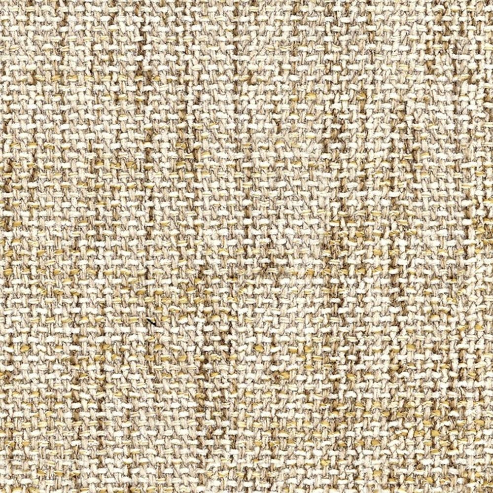 Close-up of beige and cream woven upholstery fabric showing textured basketweave, a 54% rayon / 7% acrylic / 39% triacetate blend for contemporary sofas and office seating.