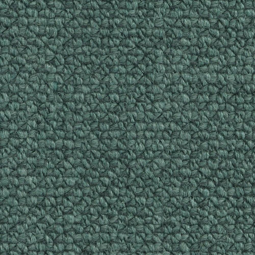 Close-up of teal-green looped upholstery fabric in a 17% wool, 10% viscose, 61% acrylic and 12% polyester blend, showing dense boucle texture ideal for sofa and indoor upholstery.