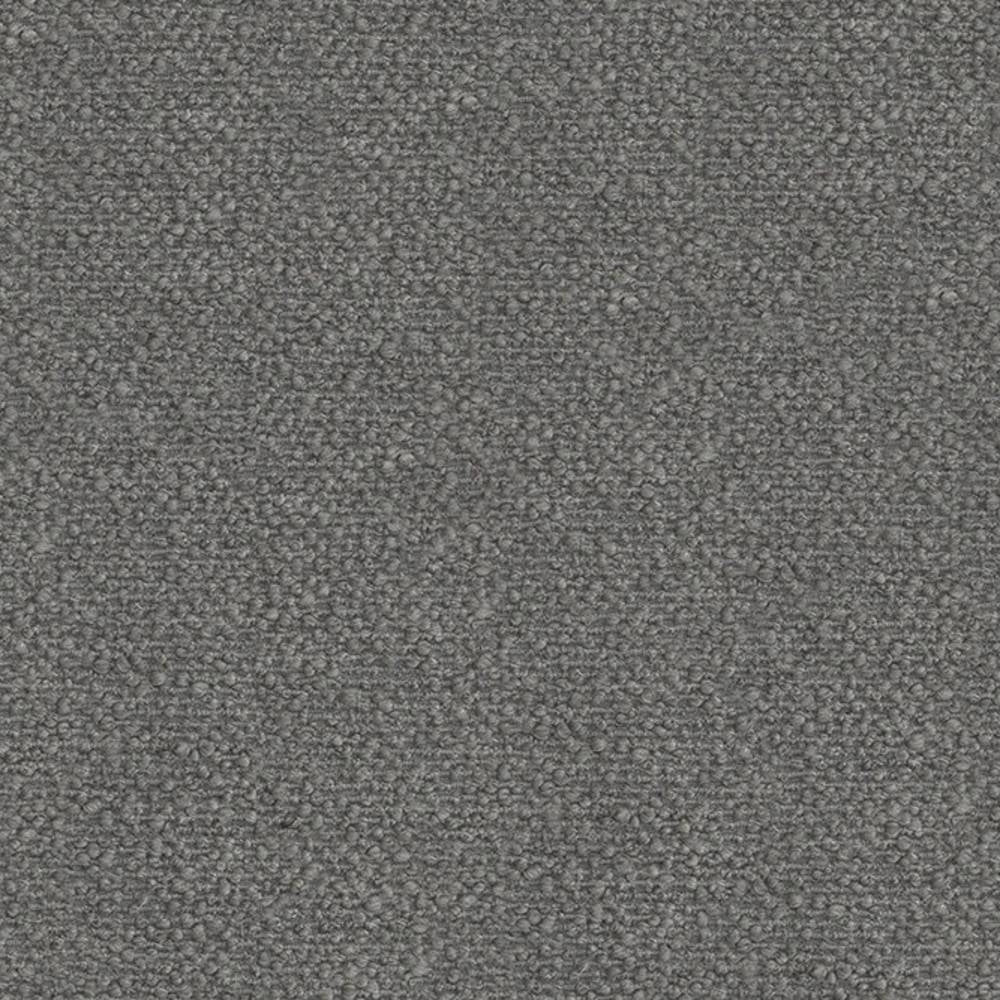 Close-up of neutral gray boucle upholstery fabric for sofas, showing tight looped texture and matte finish; composition 14% wool, 22% acrylic, 64% polyester.