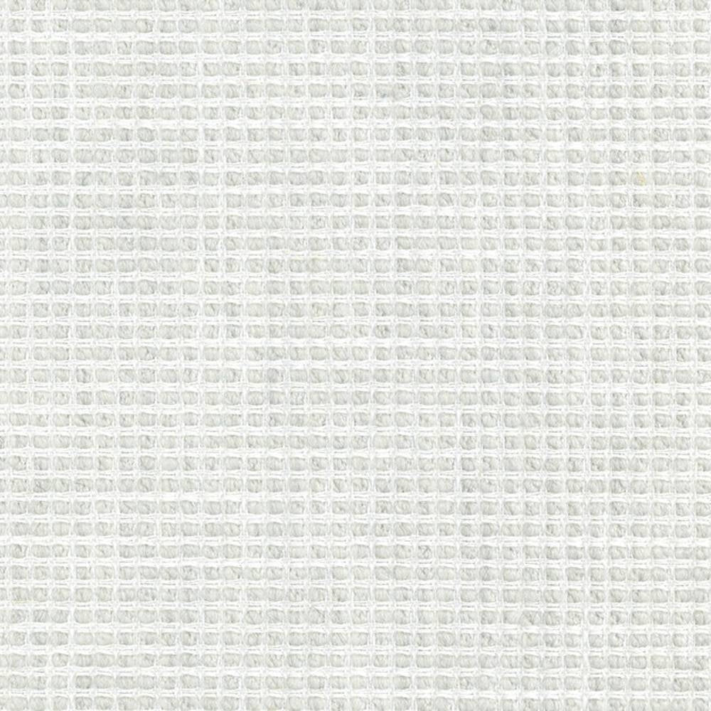 Close-up of neutral white waffle-weave upholstery fabric showing a small grid texture, a linen, wool, viscose and polyester blend suitable for sofa upholstery.