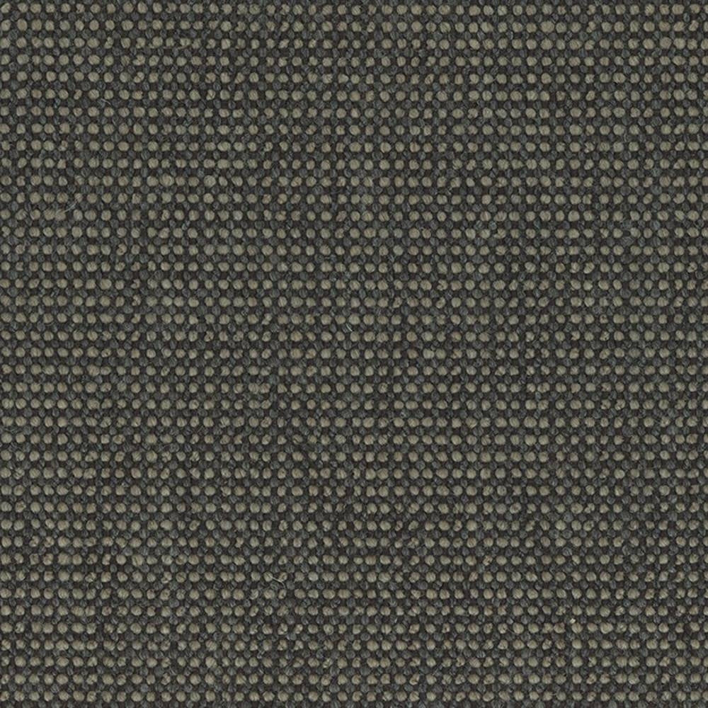 Close-up of a neutral dark-gray upholstery fabric swatch — 14% wool, 14% linen with viscose, acrylic and polyester — showing a dense pebble weave texture suitable for contemporary sofa upholstery.