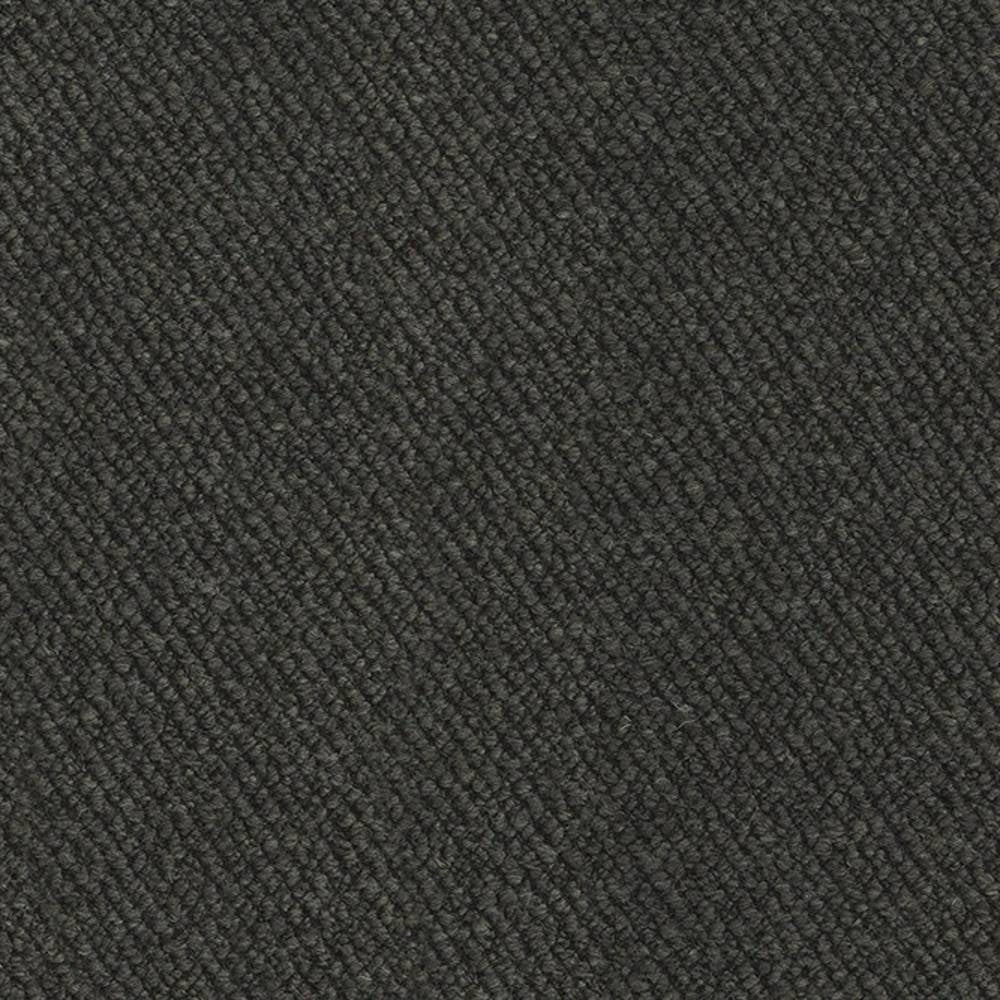 Close-up of a charcoal neutral upholstery fabric showing a tight diagonal woven loop texture in a wool, linen, viscose, acrylic and polyester blend.