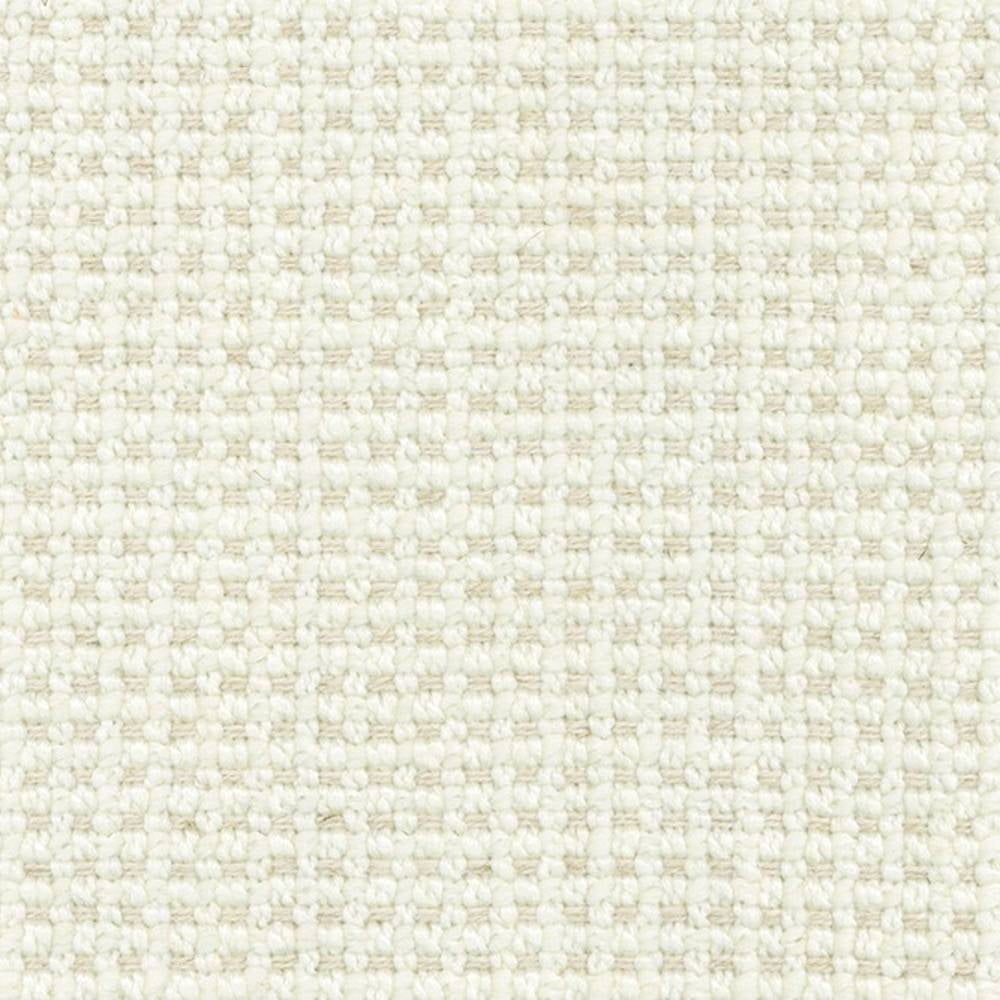 Close-up of cream woven upholstery fabric showing a tight basket-weave texture; blend of 18% wool, 5% linen, 59% acrylic and 18% polyester, designed for indoor sofa use.