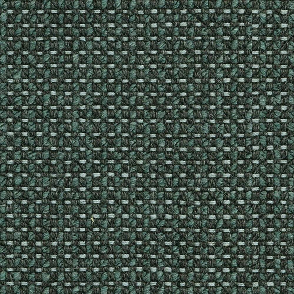 Close-up of a densely woven forest-green upholstery fabric for sofas, showing a textured basket-weave pattern in an 18% wool, 5% linen, 59% acrylic and 18% polyester blend.