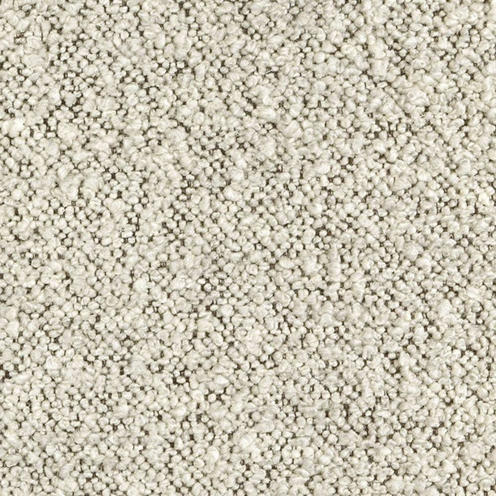 Close-up of a cream boucle upholstery fabric swatch showing dense looped texture; 31% wool, 55% acrylic and 14% polyester blend designed for sofa upholstery.