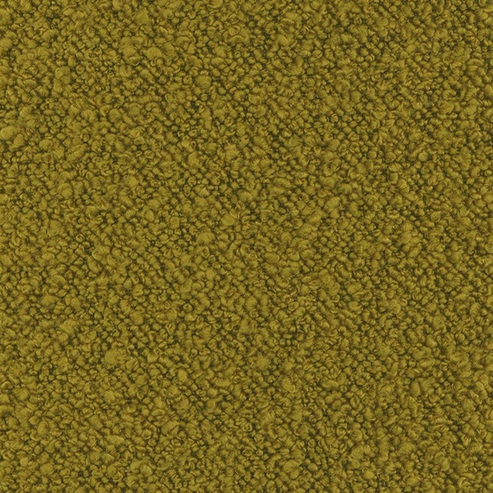 Close-up of olive-green wool-blend boucle upholstery fabric showing a dense, looped texture ideal for contemporary sofa upholstery.