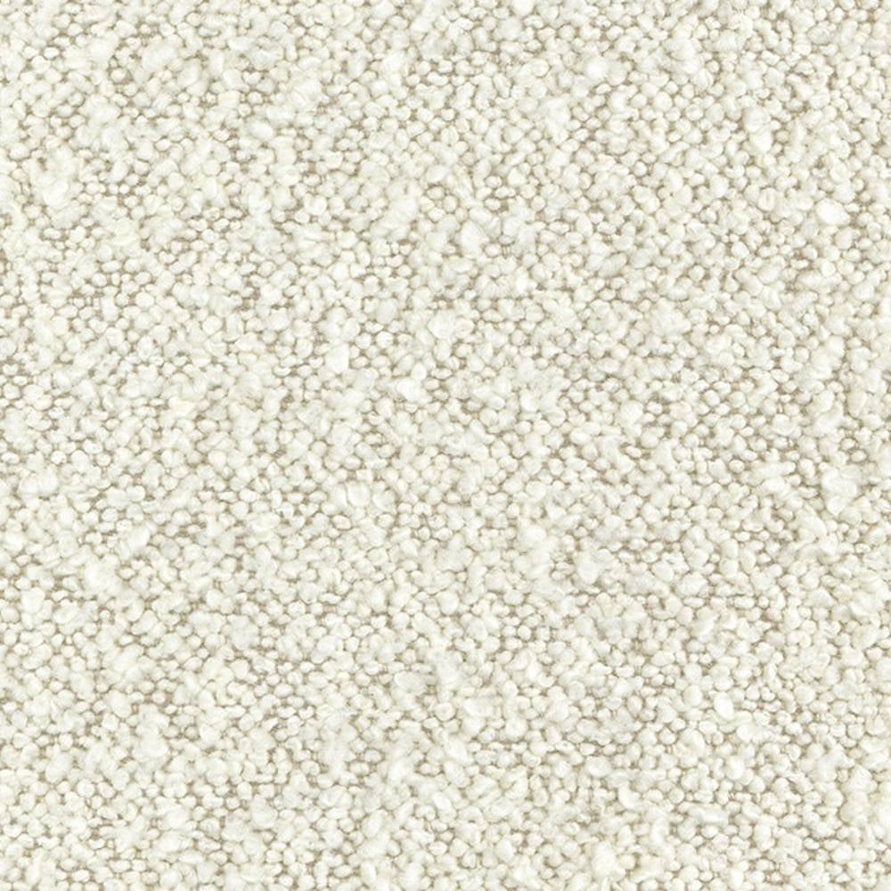 Close-up of cream boucle upholstery fabric showing dense looped texture; 31% wool, 55% acrylic, 14% polyester blend suitable for contemporary sofas.