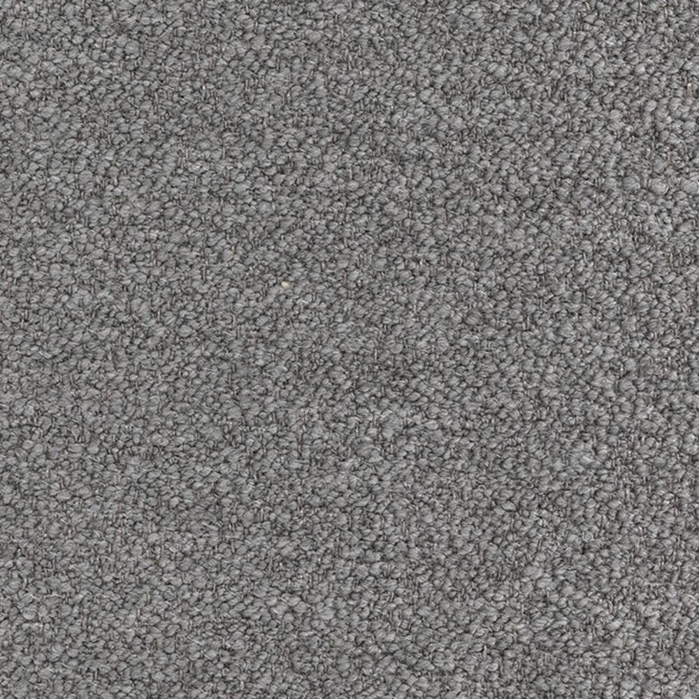 Close-up of a light grey bouclé upholstery fabric swatch with tight looped texture, ideal for sofas; blended fibers include wool, linen, viscose, acrylic and polyester.