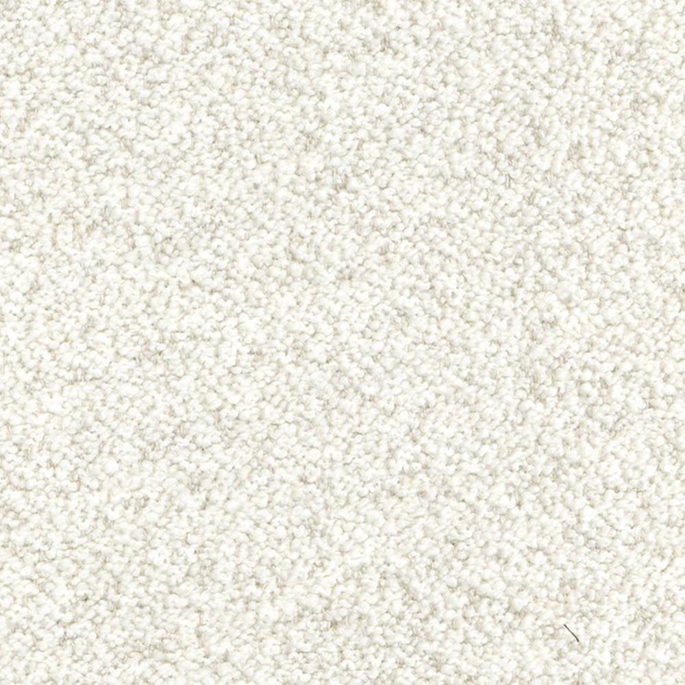 Close-up of cream boucle upholstery fabric showing dense looped texture in an off-white neutral tone; 10% wool, 12% linen, 19% viscose blend designed for sofa upholstery.