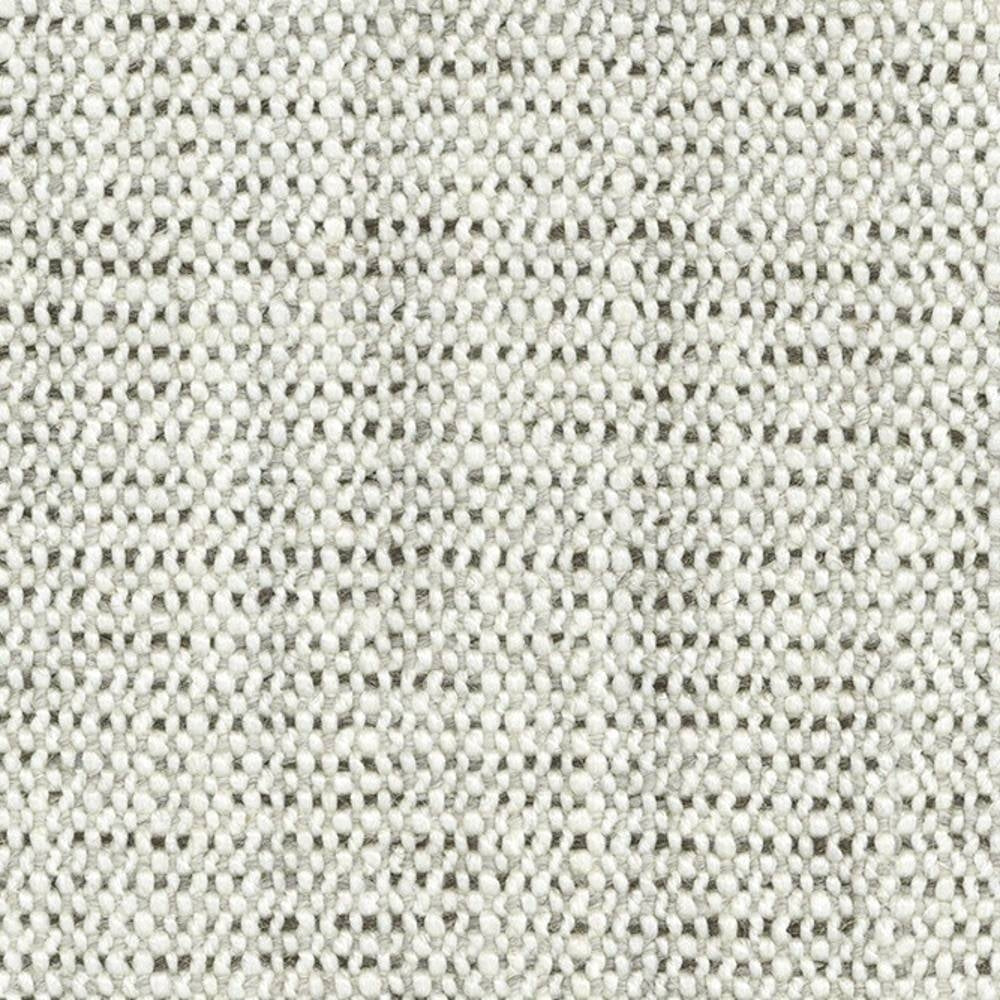 Close-up of neutral off-white woven upholstery fabric showing a small looped texture and subtle gray flecks; wool-blend composition (18% wool, 67% acrylic, 15% polyester) for sofa upholstery.