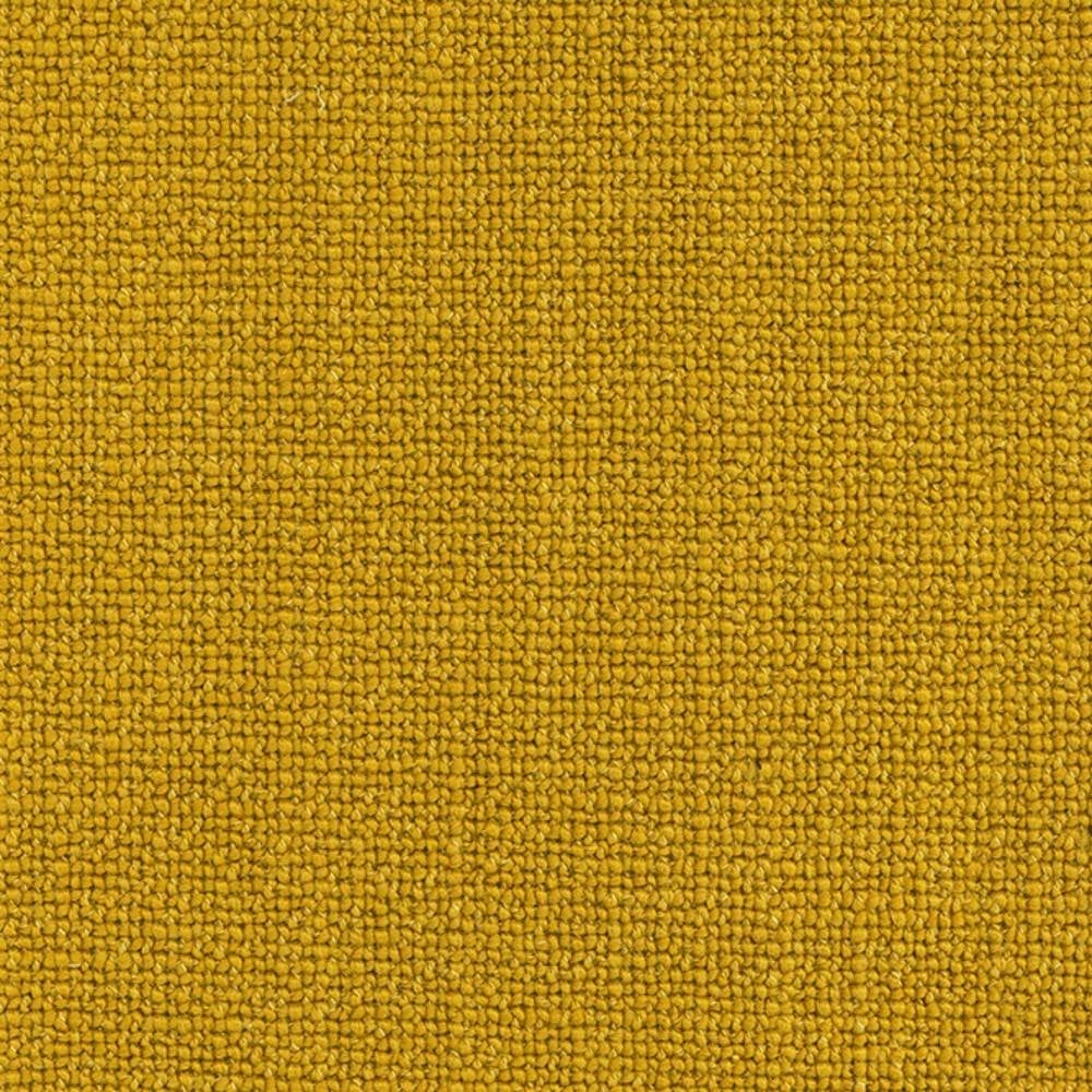 Close-up of mustard yellow textured upholstery fabric in an 18% wool, 57% acrylic and 24% polyester blend, showing a tight looped weave ideal for durable contemporary sofa upholstery.