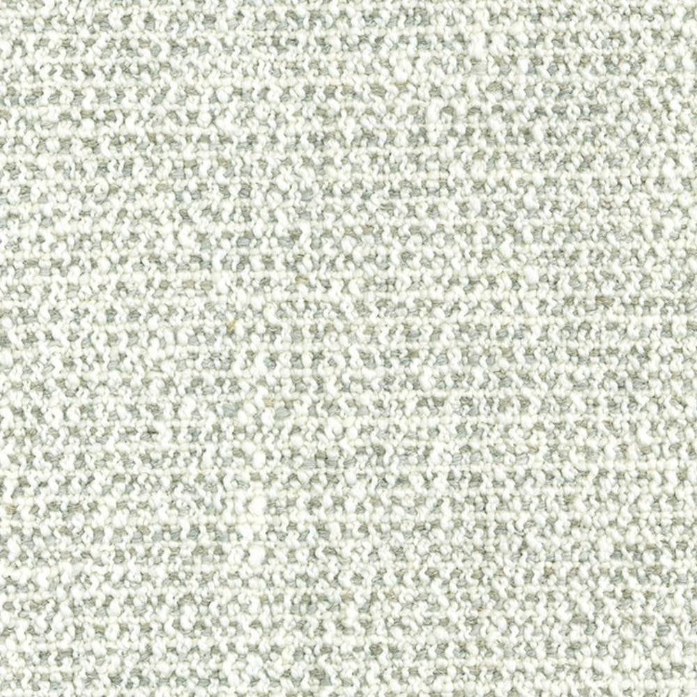 Close-up of cream bouclé sofa upholstery fabric showing a tight looped weave with subtle gray flecks; 19% wool, 5% linen, 63% acrylic, 13% polyester.