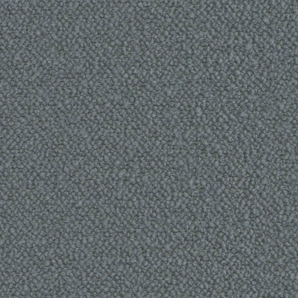 Close-up of neutral gray boucle upholstery fabric showing dense nubby texture; 30% wool, 50% acrylic, 20% polyester, heavy-duty for sofa use.