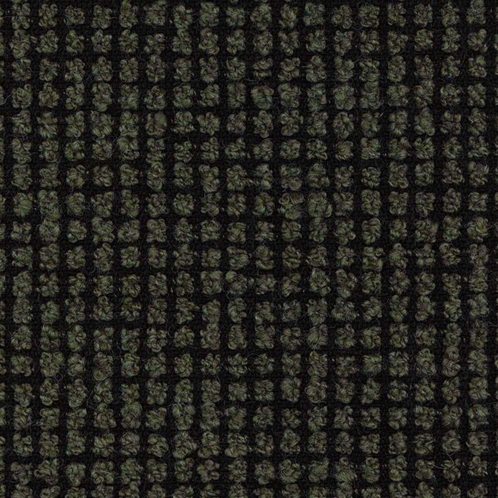 Close-up of olive green and black boucle sofa fabric showing a small grid-like looped woven texture, 25% wool, 40% acrylic and 35% polyester blend for upholstery.